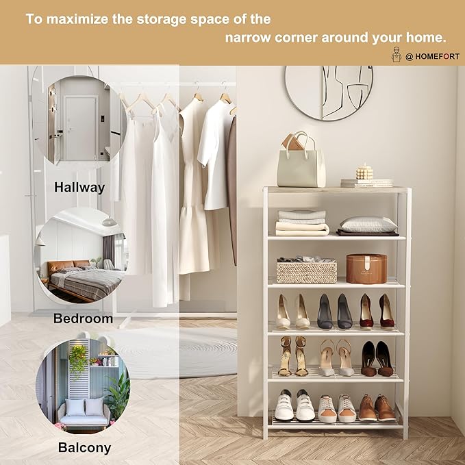 HOMEFORT Shoe Rack 6-Tier, Shoe Storage Shelf, Industrial Shoe Tower, Narrow Shoe Organizer for Closet Entryway, Small Shoe Rack Table with Durable Metal Shelves,White Oak