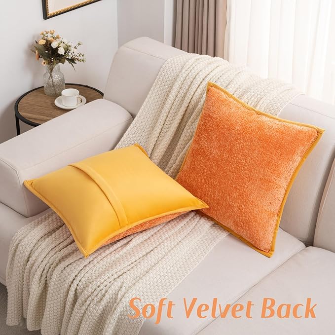 FUTEI Orange Chenille Throw Pillow Covers 26x26 Inch Set of 2,Soft Cozy Bound Edge Design Euro Pillow Sham,Home Decor for Couch Bed Living Room