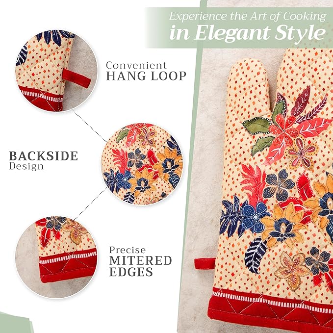 Maison d' Hermine 100% Cotton Oven Mitt & Pot Holder Set (7.5"x13" & 8"x8") Heat Resistant BBQ Cooking Gloves with Loop for Thanksgiving Christmas Decorations Handling Hot Pans (Kalahari)