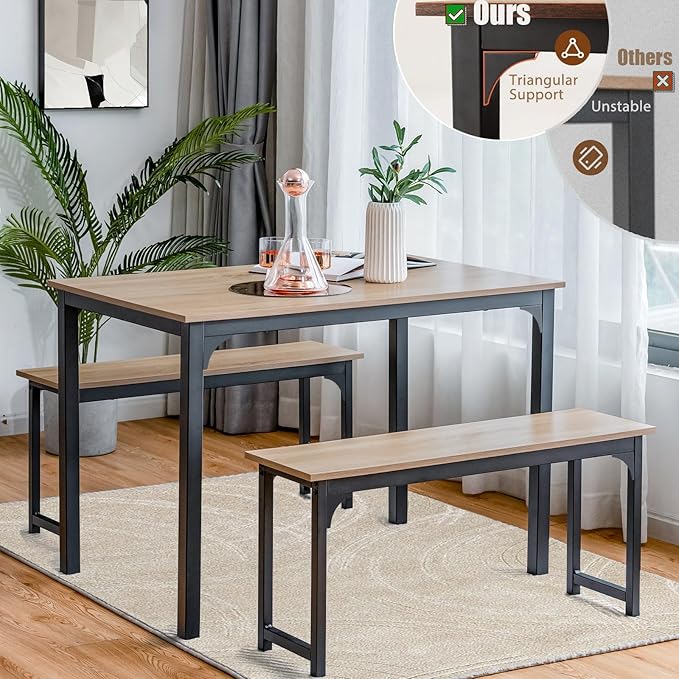 NAFORT 3-Piece Modern Dining Table Set for 4, 43.5" x 27.5" x 29.5", Black, Space-Saving with Under-Bench Storage, MDF Wood & Metal Frame, Ideal for Home & Restaurant