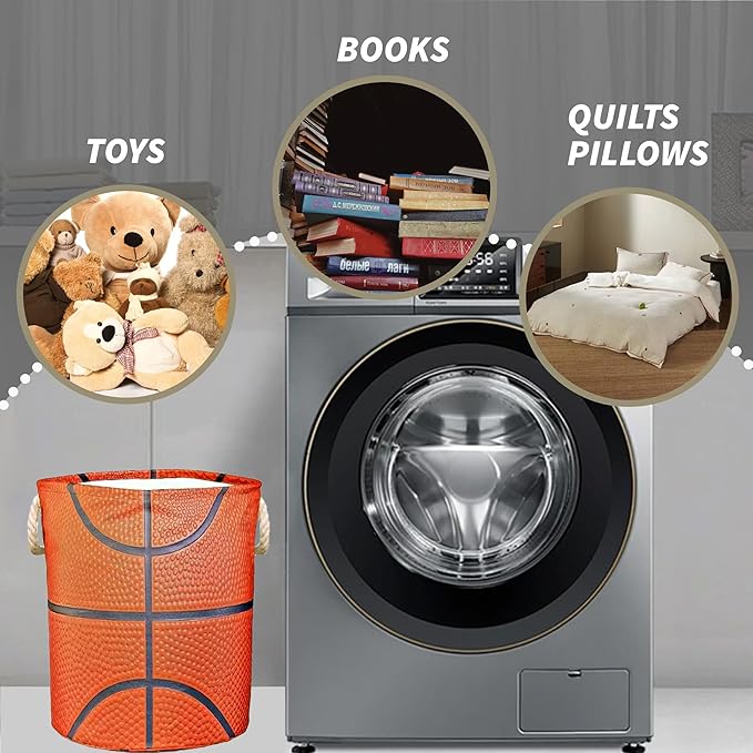 Basketball Texture Laundry Basket for Boys Room Decor, Kids Nursery Hamper for Teen Boy Girl Ball Gift 17.7x13.7 Inch Storage Bucket