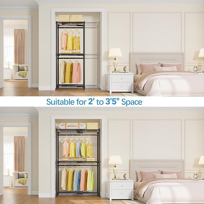 VIPEK X1 Expandable Clothes Rack Heavy Duty Adjustable from 2' to 3'5" with Adjustable Shelves and Hanger Rods, Reach-in & Walk-in Closets Metal Garment Racks Portable Closet, Black