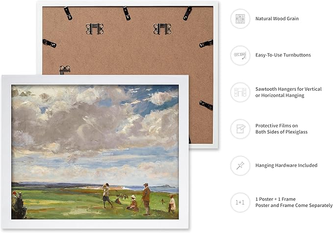 Poster Master Vintage Lady Astor Playing Golf at North Berwick Painting Print - Retro Golf Course Poster - Sports Art - Landscape Wall Design - Office or Living Room Wall Decor - 11x14 White Framed