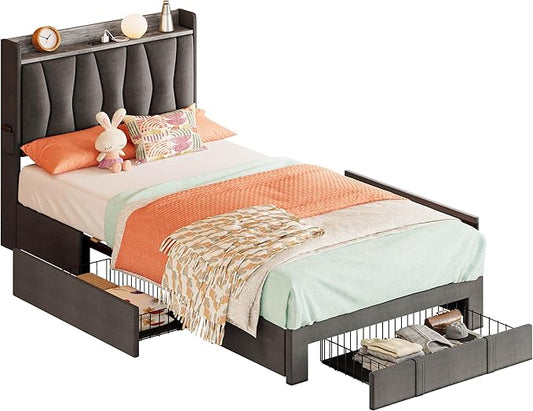 ANCTOR Twin XL Bed Frame with 3 Drawers, Upholstered Platform Bed with Storage Headboard and Charging Station, No Box Spring Needed, Easy Assembly, Grey