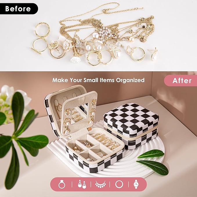 Checkered Travel Jewelry Case, Classic Retro Small Jewelry Box for Women Girl, Trendy Birthday Gradution Gift
