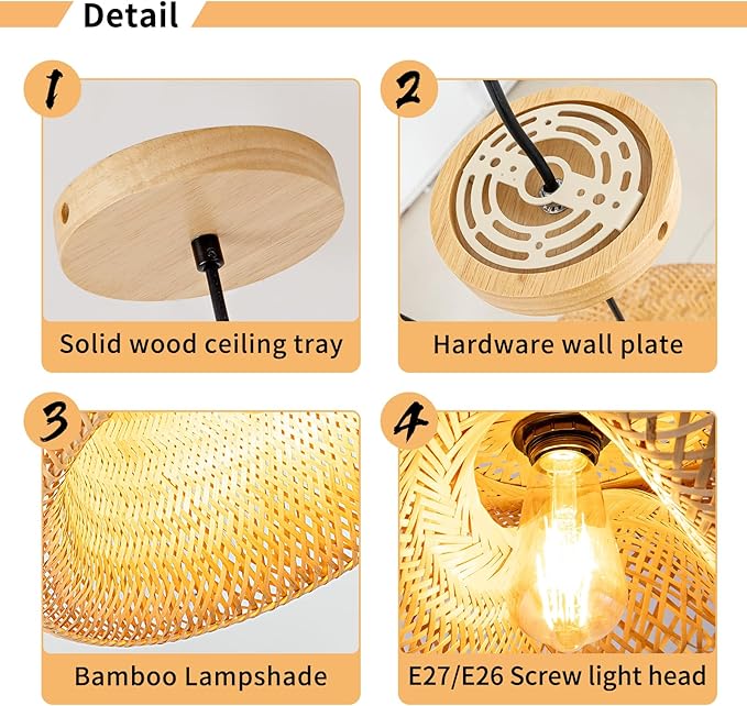 18inch Bamboo Rattan Pendant Light, Hand-Woven Wicker Boho Hanging Ceiling Light Fixture, Beige Pendant Lamp Rustic Farmhouse Chandelier for Kitchen Island, Dining Room, Bedroom, Living Room