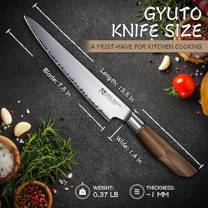 Purple Dragon Gyuto Chef Knife 7.5 Inch, German Vg10 Steel Ultra Sharp Kitchen Knife for Cutting Slicing, Meat Cleaver, Ergonomic Wooden Handle, Gift Box