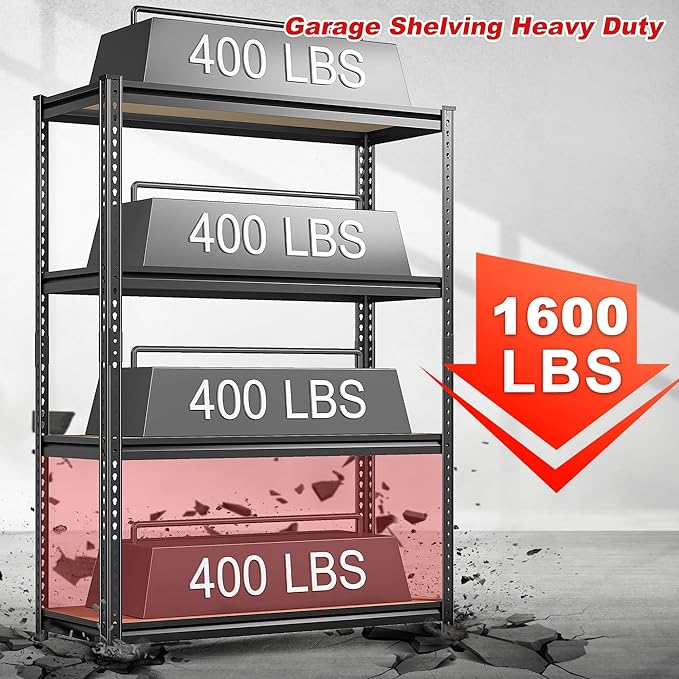 REIBII Storage Shelves Adjustable Metal Shelving 1600LBS Garage Shelves Industrial Metal Shelves 4 T ier Garage Shelving for Warehouse Basement Kitchen Pantry Closet, 11.8" D x 23.6" W x 56.7" H