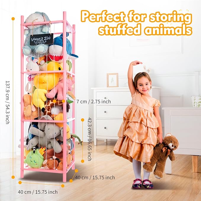 Large Stuffed Animal Storage, Wooden Stuffed Animal Storage Zoo, Toy Holder, Space Saving Toy Zoo for Kidroom, Playroom, Kid’s Gift, Pink