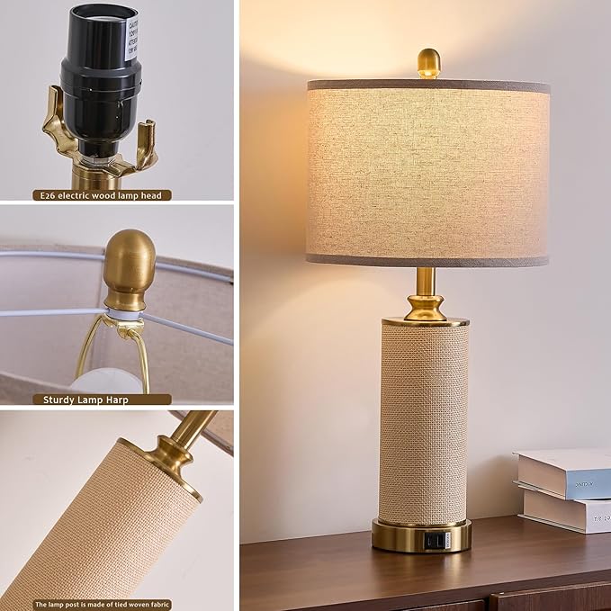 Gold Farmhouse Rattan Table Lamps Set of 2, Touch Control Desk Lamps, 3 Way Dimmable Grass Rope Large BedsideTable Lamp with USB A+C for Living Room/Bedroom/Office(2 LED Bulbs Included)