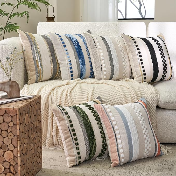 Aeckself Boho Throw Pillow Covers 18x18 Inch Set of 2, Farmhouse Decorative Striped Square Pillow Covers Chenille Tufted Pillow Cases Accent Neutral Pillowcase for Living Room Couch Bed, Yellow-Gray