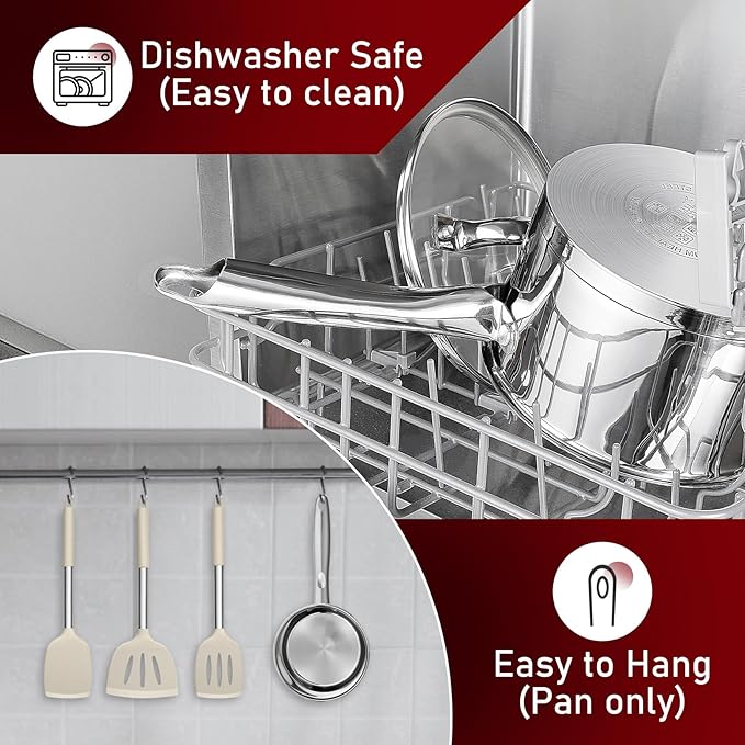 P&P CHEF 1 Quart & 2 Qruat Saucepan with Lid Set, Stainless Steel Small Cooking Pot Induction Sauce Pan for Pasta Soup, Ergonomic Handle & Tri-ply Base, Dishwasher Safe, 2 Pan