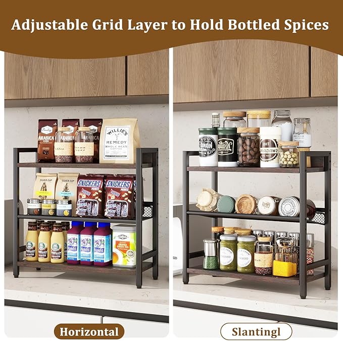 IBUYKE 3-Tier Spice Rack Industrial Counter Shelf Desktop Storage Organizer Standing Seasoning Rack for Countertop Kitchen Office Living Room Desktop Dark Grey UTLJ021G