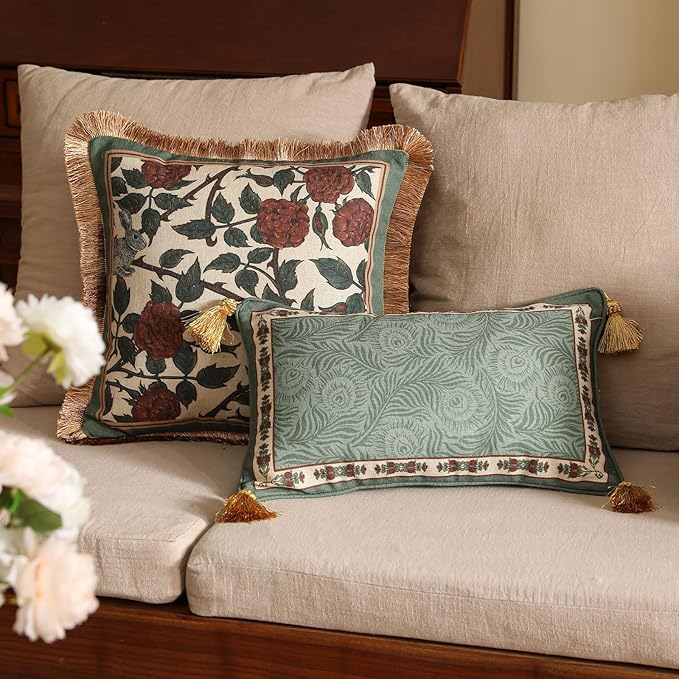 patdrea Designer Throw Pillow Covers Set of 2,French Elegant Green Linen with Curly Grass and Floral Pattern Pillow Covers,Decorative Lumbar Pillowcases Cushion for Bed Living Room Outdoor,12"x20"