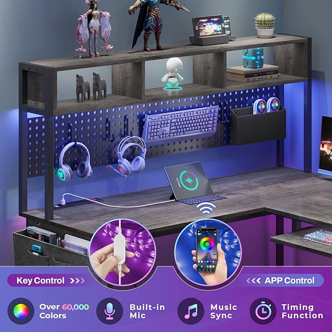 SEDETA L Shaped Desk, 94.5 Inch Home Office Desk with Power Outlet & Pegboard, L Shaped Gaming Desk with LED Light, Keyboard Tray, Storage Shelves and Headphone Hook for Home Office, Grey