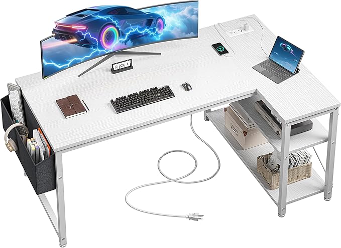 EnHomee Small Computer Desk with Storage Shelves & Side Bag, 40 Inch L Shaped Gaming Desk with Power Outlets, Corner Desk Study Writing Table for Home Office Bedroom Living Room, White