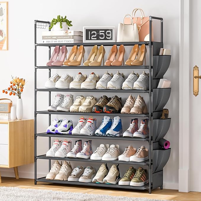 Large Capacity 7 Tier Shoe Rack, Black, 33.3in Wide x 11.2in Deep x 48.7in Tall, Holds 28-35 Pairs of Shoes, Ultra-Minimalist Style, Waterproof and Durable