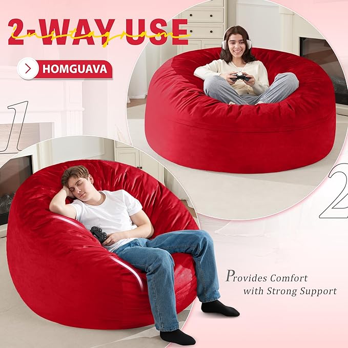 Homguava 5FT Bean Bag Chair Giant BeanBag with Memory Foam Filled, Comfy Bean Bag Chairs for Adults, Adult Bean Bag Chair with Dutch Velvet Cover for Living Room Bedroom-Red