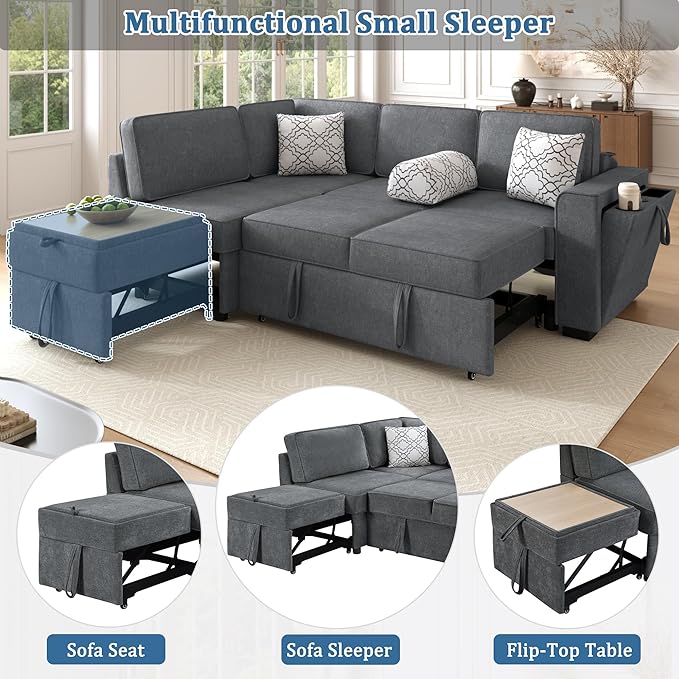 Ball & Cast Convertible Sleeper Sofa Bed,Chenille L Shaped Pull Out Couch Bed with Flip-Top Table, USB Ports & Hidden Cup Holders, Corner Sectional Sofa Couches for Living Room,Dark Grey
