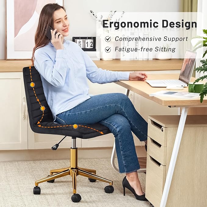 Furniliving Home Office Desk Chair, Armless Vanity Chair with Wheels Soft Velvet Adjustable Height, Comfy Computer Rolling Chairs with Gold Metal Base Stool,Black