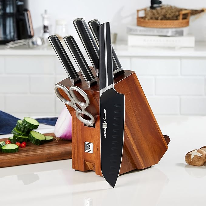 Kitchen Knife Set, 7 Pieces German Stainless Steel Knives Set for Kitchen with Acacia Wood Block, Kitchen Scissors, Box Packed, Elegant Black