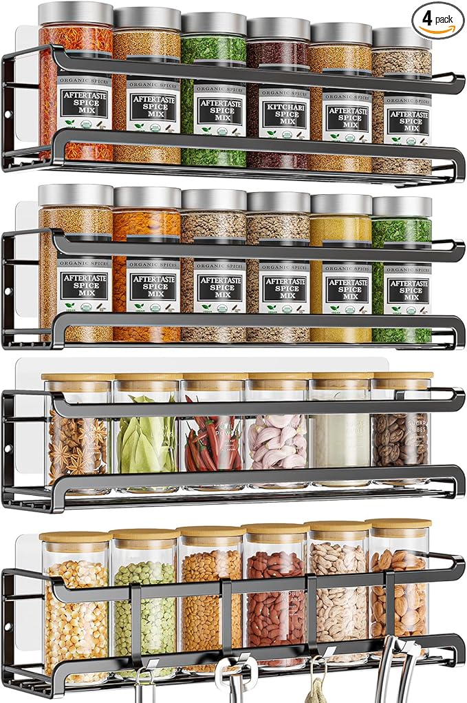 Spice Rack Wall Mounted 4 Pack,Space-Saving Spice Organizer for Spice Jars and Seasonings,Screw or Adhesive Hanging Spice Rack Organizer for Your Kitchen Cabinet,Pantry Door,11.41x2.75x2.75in