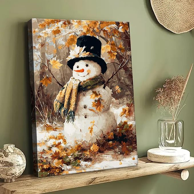 Vintage Snowman in Forest Christmas Canvas Wall Art - Rustic Winter Landscape Framed Print for Living Room, Cozy Christmas Wall Decor, Ideal Christmas Gifts & Festive Winter Decor