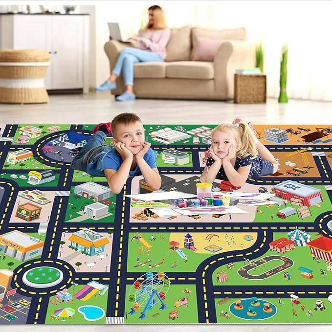 Kids Rug Playroom Car Rug Play Mat City Life Road Rug for Cars Fun City Map for Track Toys,Carpet for Bedroom Boys (city01, 2.6×3.9ft/31×47in)