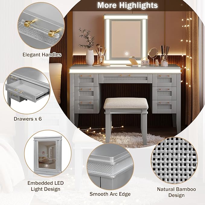 Merax 48" Vanity Desk with Mirror and Lights, Makeup Vanity with 7 Drawers and Cushioned Stool, Classic Finish Dressing Table with Hollow Design Drawer for Bedroom, Rubber Wood Legs, Grey-Blue