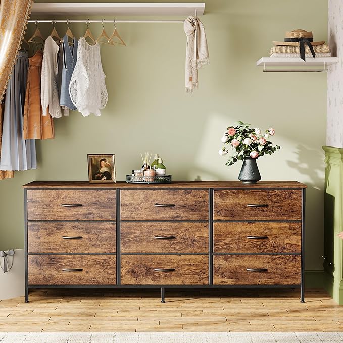 Huuger 9 Drawer Dresser, 55 Inch TV Stand for 55, 60 Inch TV, Entertainment Center with Drawers, Large Storage Fabric Dresser for Bedroom, Closet, Rustic Brown