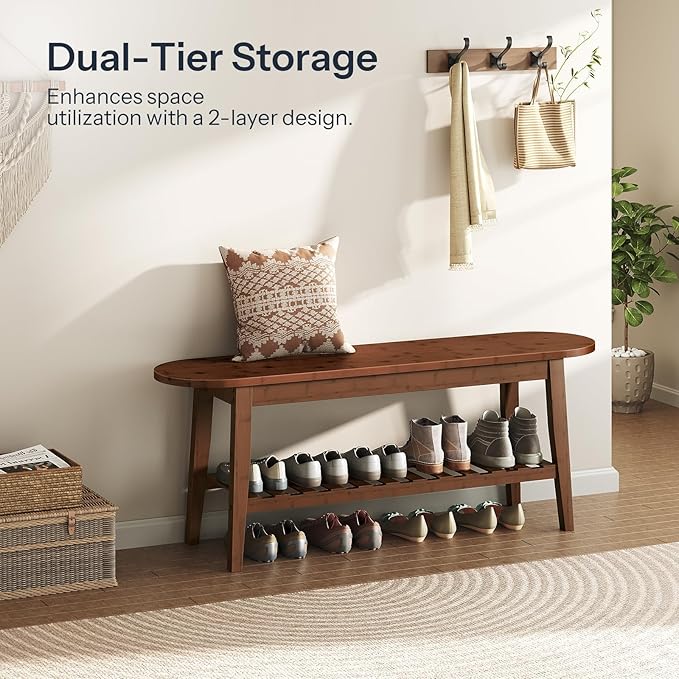 HOOBRO Dining Bench, 2-Tier Bamboo Farmhouse Entryway Bench, Indoor Storage Wooden Bench for Living Room, Dining Room, Hallway, Bedroom, Entryway, Bathroom, Brown BR06CD01