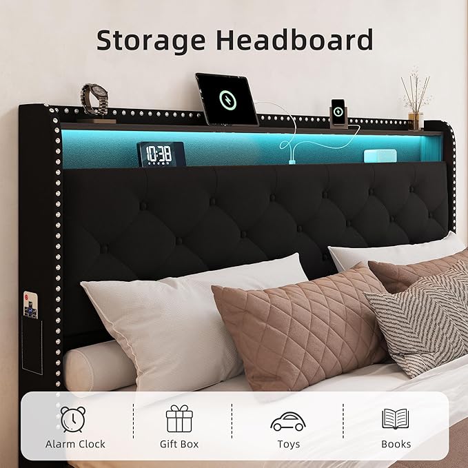 BRELTAM Black Queen Size Bed Frame with LED Light and Charging Station,Upholstered Velvet Tufed Bed Frame with 4 Storaged Drawers Platform Bed Frame with Headboard Heavy Duty Wood Slats, Noise Free