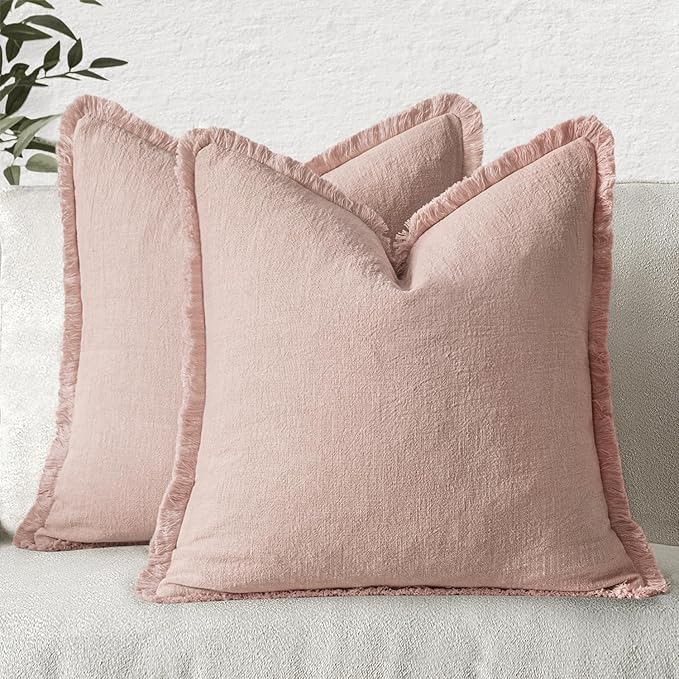 MIULEE Decorative Throw Pillow Covers Neutral Linen Fringe Throw Pillows Set of 2 Light Pink Boho Farmhouse Cushion Covers for Couch Sofa Bed Living Room Spring Home Decor 18x18 Inch