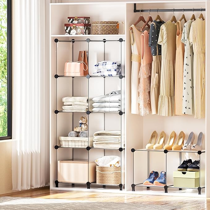 Cube Shelves, 12 Cubby Storage Organizer,DIY Closet Organizers and Storage Shelves for Bedroom,Stackable Closet Shelves for Clothing Storage,Book Shelf, Toy Organizers and Storage, Transparent White