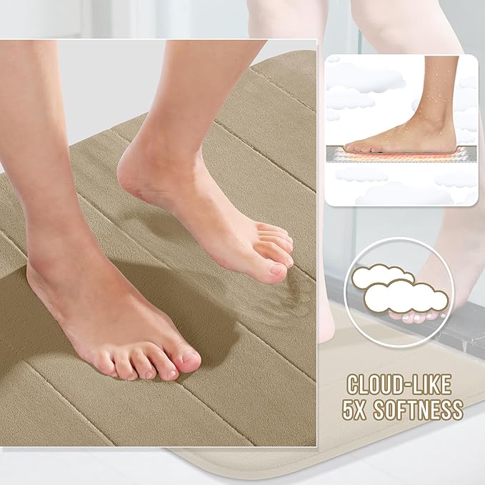 Yimobra Memory Foam Bath Mat, Super Soft Absorbent Bathroom Rug Non Slip 31.5x20 Inch, Quick Dry, Machine Washable Floor Carpet for Tub Shower, Home Decor Accessories, Pale Khaki