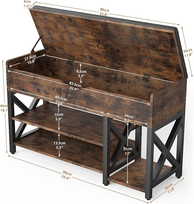 Shoe Bench, Lift Top Shoe Storage Bench, Adjustable Shelf Entryway Bench, Metal and Wood Shoe Rack Organizer with Cushion for Entry, Bedroom, Closet, Living Room, Hallway (Brown, 35.5“W)