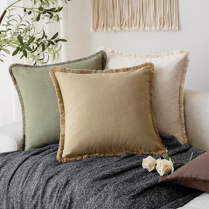 Foindtower Set of 2 Decorative Linen Fringe Throw Pillow Covers Farmhouse Cushion Cover with Tassels Soft Accent Pillowcase for Couch Chair Sofa Bed Living Room Home Decor,24×24 Inch,Light Khaki Taupe
