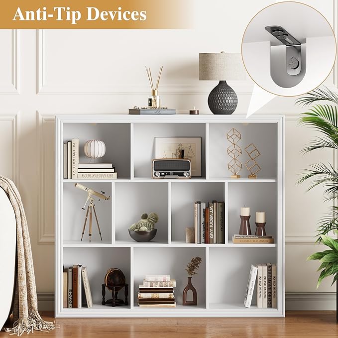 Book Shelf with 10-Cube, 43” Wide Bookshelf with Anti-Tip Device, 38” Tall Open Bookcase, Modern Display Organizer Book Case for Home Office, Entryway, Living Room, Bedroom, Study Room