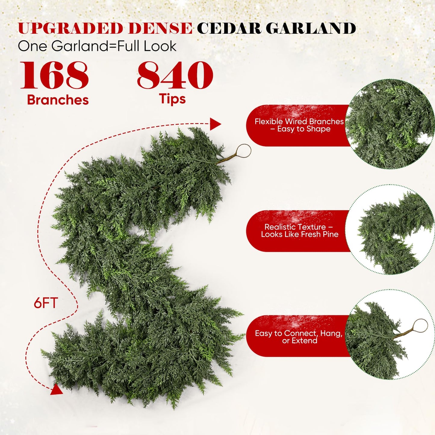 6FT Thick Christmas Garlands with 168 Cedar Branches, Real Touch Green Cedar Garland for Christmas Decorations, Artificial Greenery Garland for Table, Mantle, Wall, Indoor, Outdoor Holiday Decor