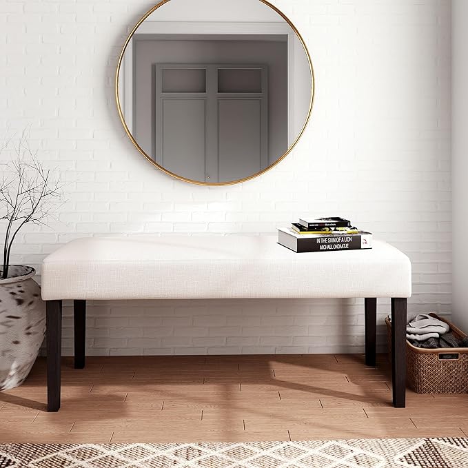 Farmhouse Upholstered Dining Bench Seat, 45" Linen Entryway Bench with Black Wood Legs, Mid Century Modern End of Bed Bench for Kitchen Bedroom Living Room Hallway, for 2-3 Person, Beige