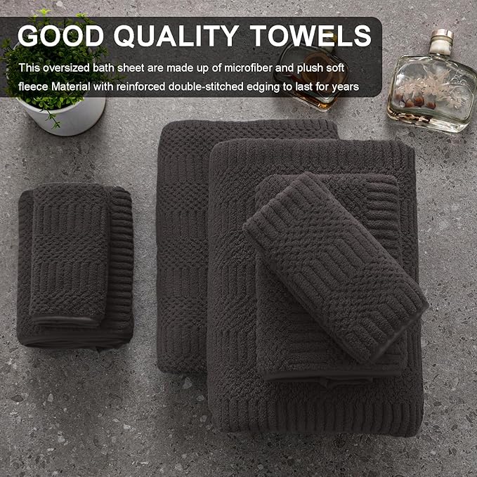 8 Piece Oversized Bath Towels Set Black Brown,2 Extra Large Bath Towel Sheets,2 Hand Towels and 4 Washcloths 600 GSM Highly Absorbent Quick Dry Towels Set for Bathroom Hotel