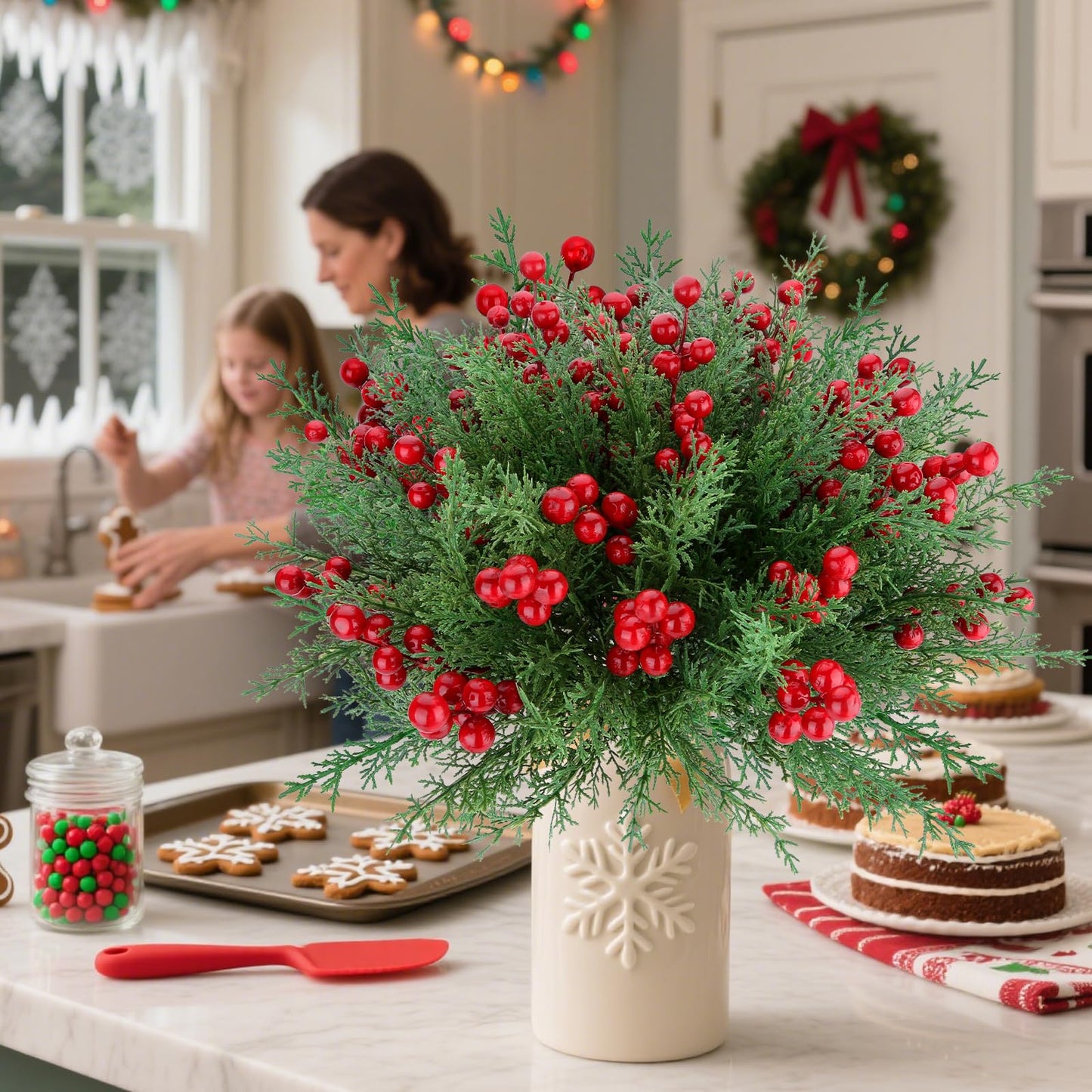 4 Bundles Artificial Christmas Flowers with Red Berry Stems, Fake Norfolk Pine Garland Branches for Winter Decor, Faux Christmas Garland Tree Picks and DIY Crafts