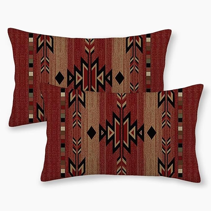 Boho Red Carpet Throw Pillow Covers 12x20 Inch Set of 2, Rustic Tribal Decorative Throw Pillow Covers Antique Red Linen Outdoor Cushion Cover for Sofa Couch Farmhouse Room Bed Decor