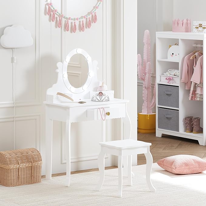 Spirich Kids Vanity, Girls Vanity Set with Mirror and Stool and Lights, Kids Vanity Table and Chair Set,Wooden Princess Makeup Desk Dressing Table