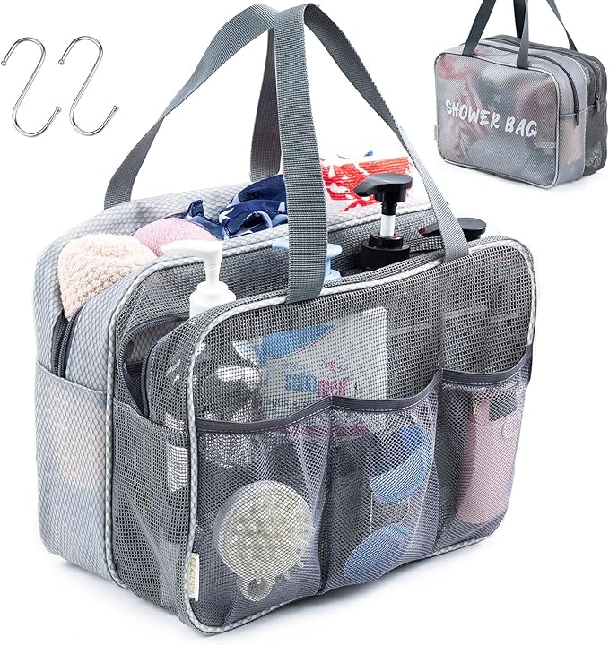 Large Mesh Shower Caddy with Wet & Dry Zones – Portable Hanging Toiletry Bag for College Dorm Room Essentials, Travel, Gym, Camping, Beach Tote Bag – Quick-Dry Shower Tote Organizer