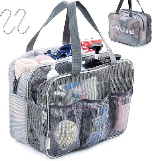 Large Mesh Shower Caddy with Wet & Dry Zones – Portable Hanging Toiletry Bag for College Dorm Room Essentials, Travel, Gym, Camping, Beach Tote Bag – Quick-Dry Shower Tote Organizer