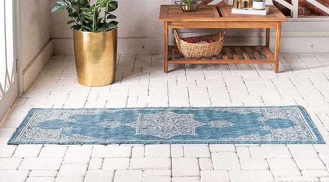 Unique Loom Outdoor Traditional Collection Area Rug - Antique (2' x 6' 1" Runner, Teal/ Gray)
