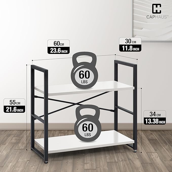 CAPHAUS 2 Tier Small Bookshelf, 24 Inch Width Free Standing Shelf, Bookcase Shelf Storage Organizer, Industrial Book Shelves for Home Office, Living Room, White Shelves & Metal Frame