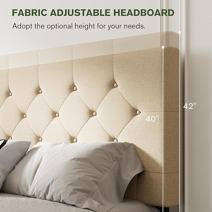 MUTICOR Queen Size Bed Frame with 4 Storage Drawers, Upholstered Platform Bed with Button Tufted Adjustable Headboard, No Box Spring Needed, Easy Assembly, Diamond Tufted, Beige Fabric