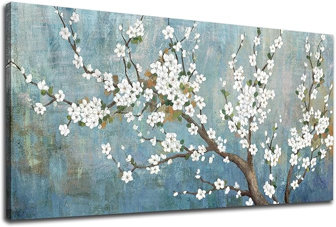 Elegant Flowers Canvas Wall Art - Plum Blossom Pictures for Wall Decor Rustic Turquoise Canvas Painting Nature Printing Artwork for Living Room Bedroom Home Office Wall Decoration 20" x 40"
